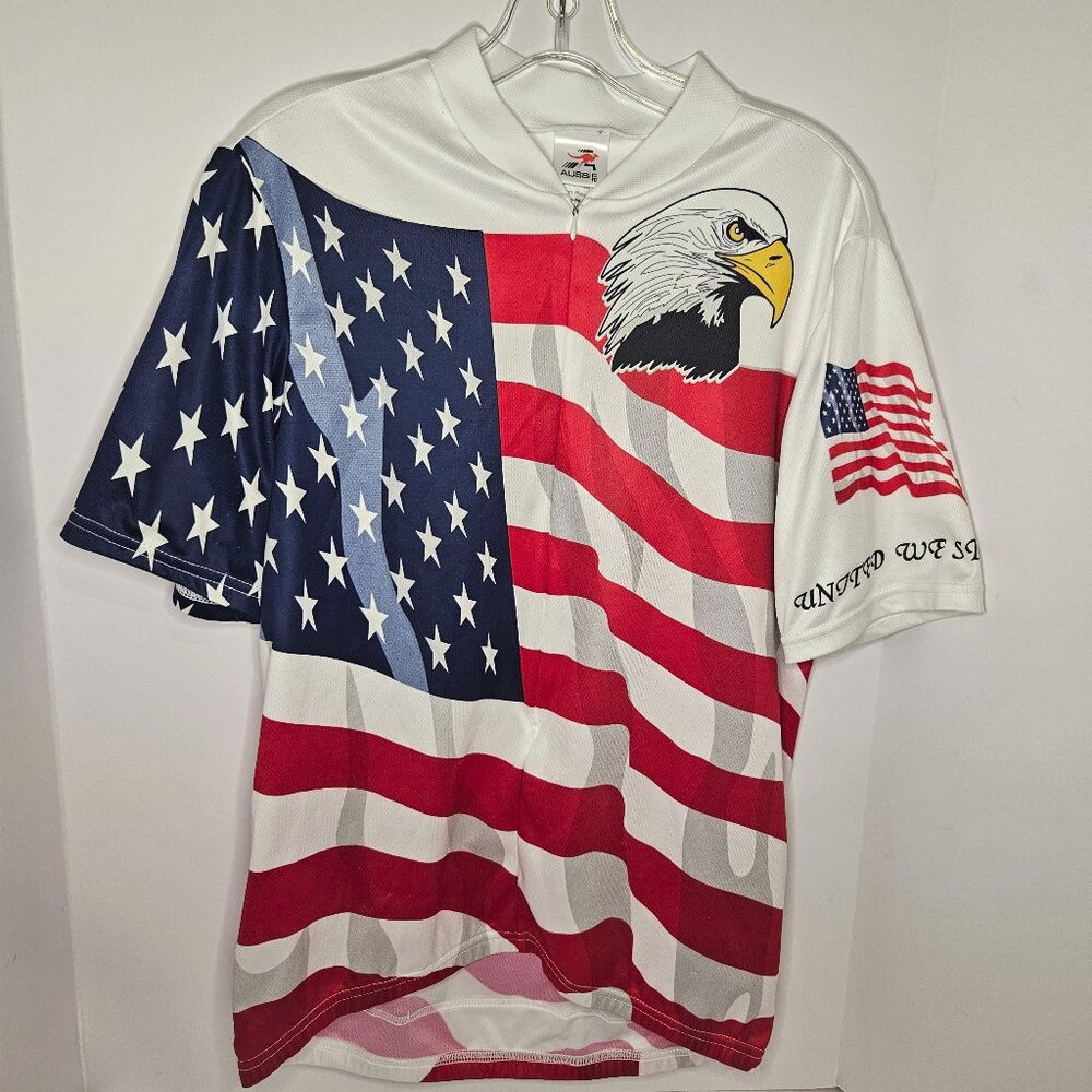 Mens USA Cycling Jersey Shirt Lrg Red White Blue Full Zip Bald Eagle Patriotic